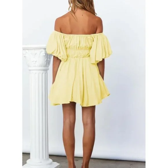 Womens Off The Shoulder Summer Dresses 2024 Short Lantern Sleeve Ruffle Elastic